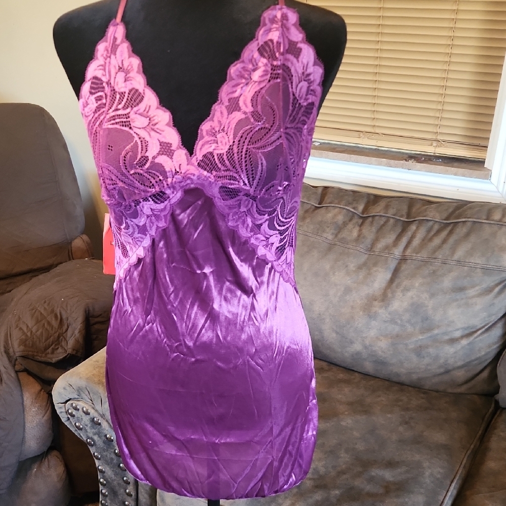 2Pc Purple Satin Lace Chemise with Spaghetti Straps and G-String Panties